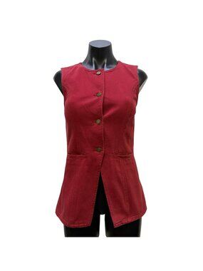 NWT Mon Renn Cherry Red Sleeveless Button-Front Denim Vest S